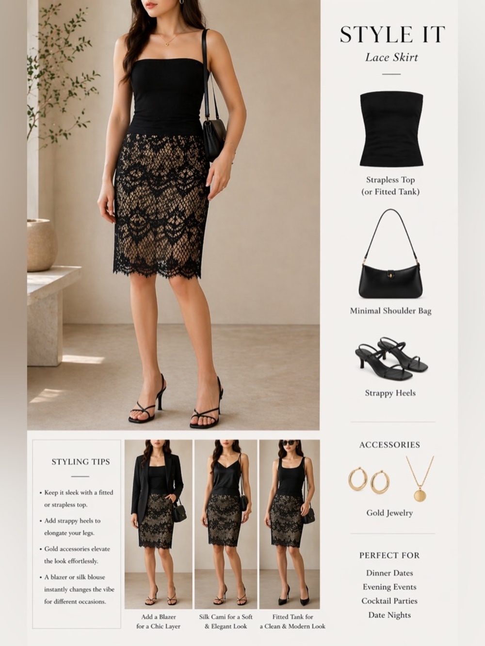 Black Lace Overlay Pencil Skirt‎ - Women's Stretch Elegant Party Chic XL